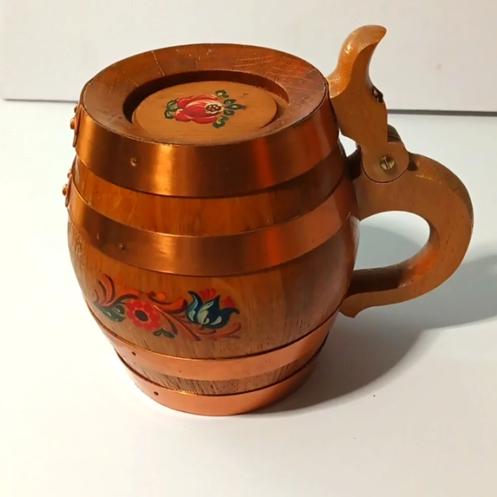 Handmade Vintage MCM Wooden Barrel Mug with Floral Design And Copper Trim